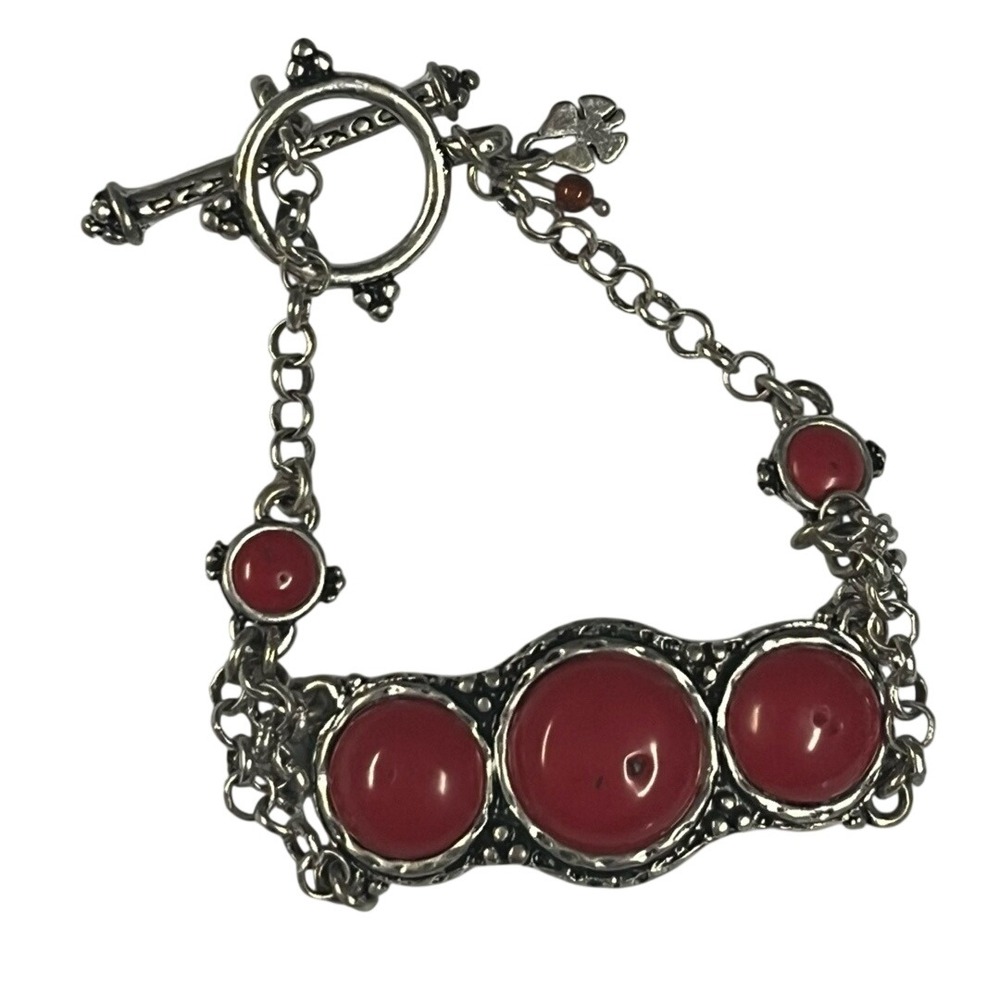 Lucky Brand Antiqued Red Stones Toggle Bracelet,‎ Silver Toned, 7.75" Long